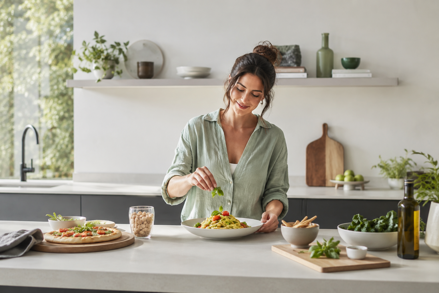 Donna che prepara un pasto equilibrato in cucina con pasta, pizza e ingredienti freschi