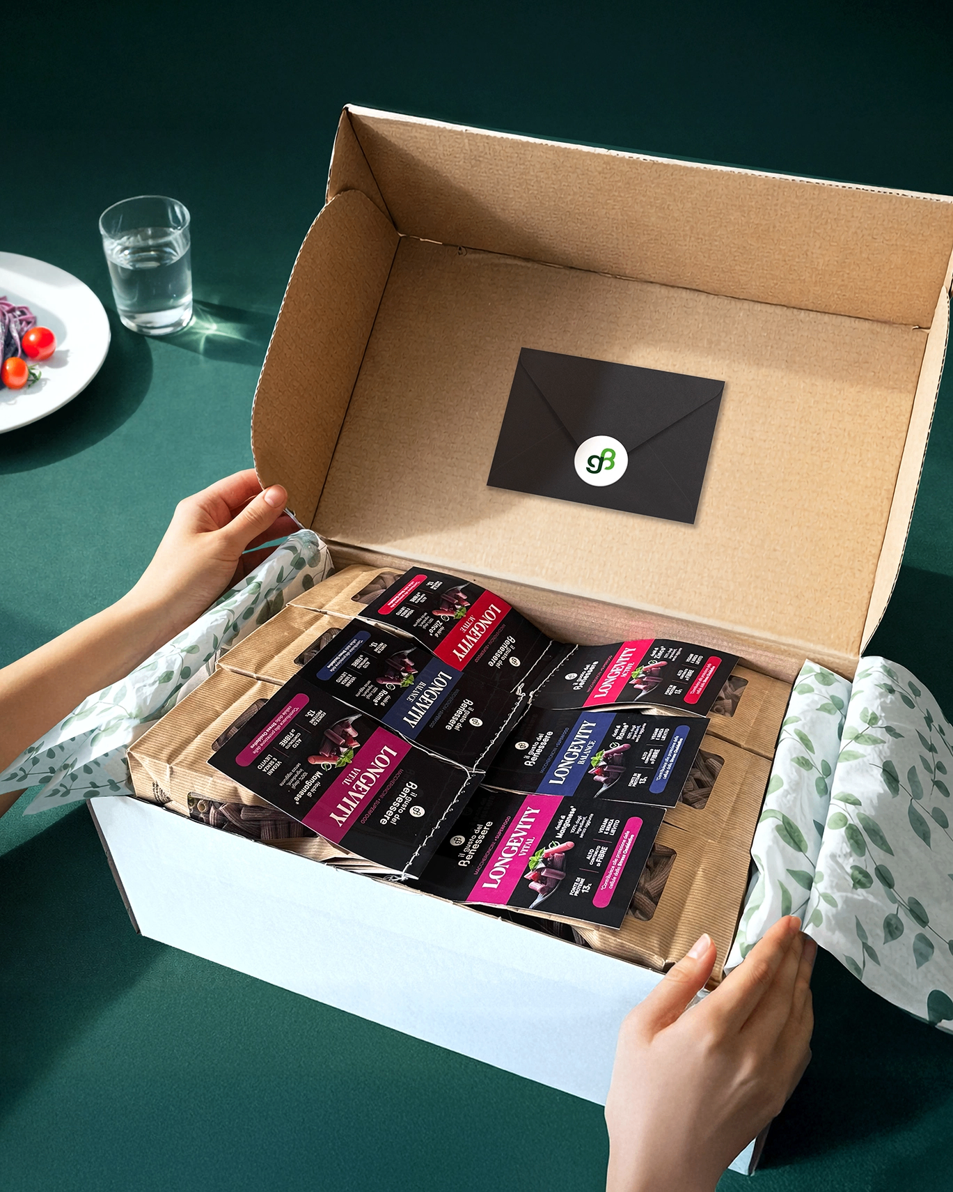 Longevity Box GB aperta con biglietto di benvenuto